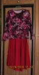 Multi-color pullover with red sleeveless dress
