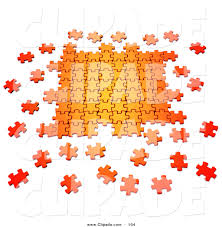 Puzzle pieces scattered around big puzzle