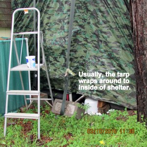 Tarp is hiked up at the ground