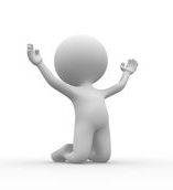 White stick figure on his knees with hand raised in praise