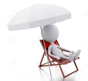 White stick person on red chair under umbrella