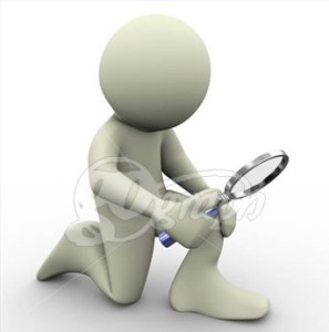 Magnifying glass with white stick figure kneeling