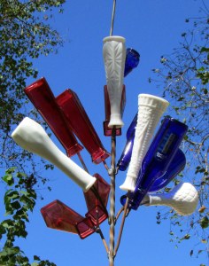 Red, white and blue bottle close up