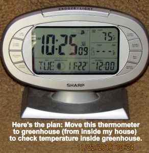 Thermometer to check inside temp of greenhouse