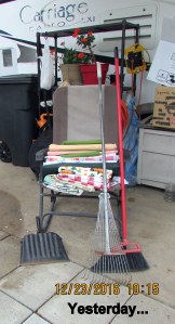 Folded plant covers, rake and broom