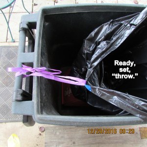 With a bag and ribbon holding bag open