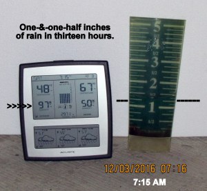 Temperature and rain gauge at seven-fifteen