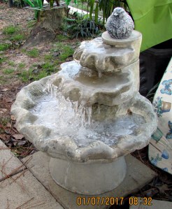 Frozen bird bath fountain