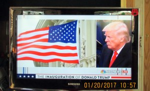 Split screen with flag and Trump