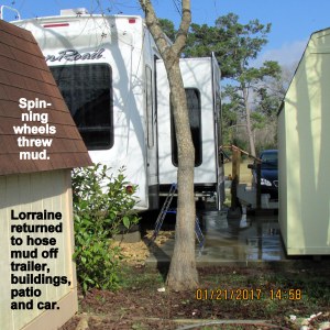Lorraine hosed mud of patio, trailer, etc