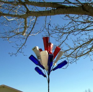 Red, white and blue vases and bottles